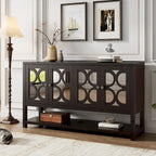 Buffet rétro 4 portes avec panneaux miroir et étagère ouverte, coloris Espresso / Blanc Antique / Bleu Marine Antique