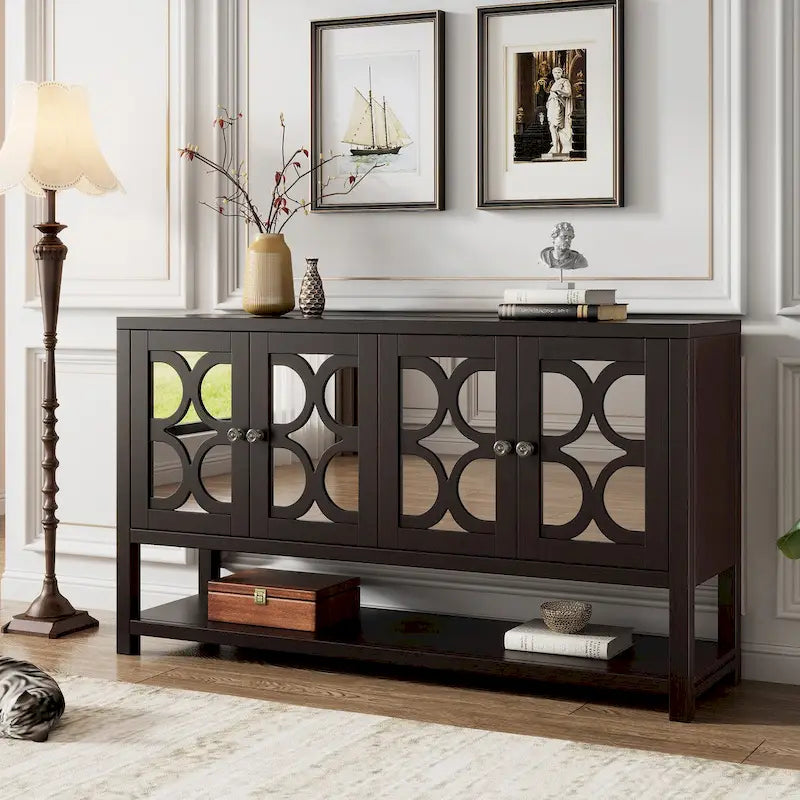 Buffet rétro 4 portes avec panneaux miroir et étagère ouverte, coloris Espresso / Blanc Antique / Bleu Marine Antique