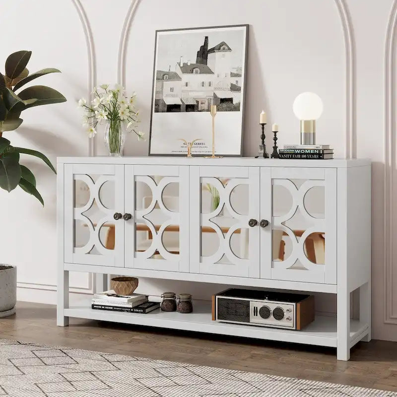Buffet rétro 4 portes avec panneaux miroir et étagère ouverte, coloris Espresso / Blanc Antique / Bleu Marine Antique