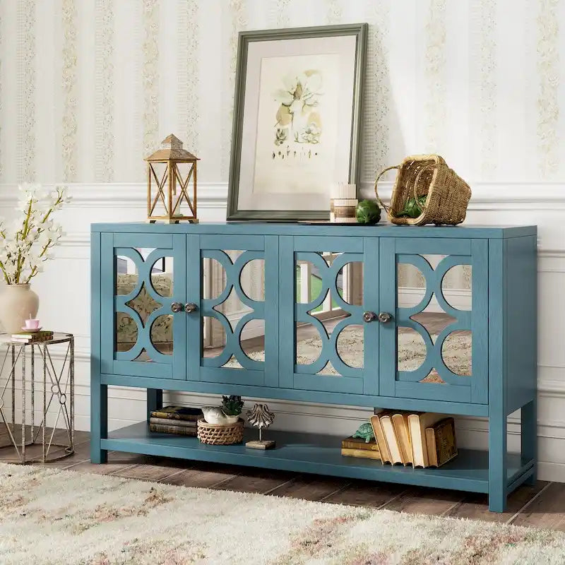 Buffet rétro 4 portes avec panneaux miroir et étagère ouverte, coloris Espresso / Blanc Antique / Bleu Marine Antique