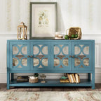 Buffet rétro 4 portes avec panneaux miroir et étagère ouverte, coloris Espresso / Blanc Antique / Bleu Marine Antique