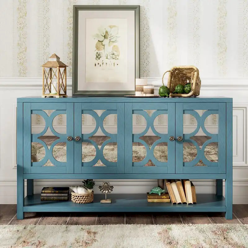 Buffet rétro 4 portes avec panneaux miroir et étagère ouverte, coloris Espresso / Blanc Antique / Bleu Marine Antique