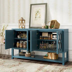Buffet rétro 4 portes avec panneaux miroir et étagère ouverte, coloris Espresso / Blanc Antique / Bleu Marine Antique