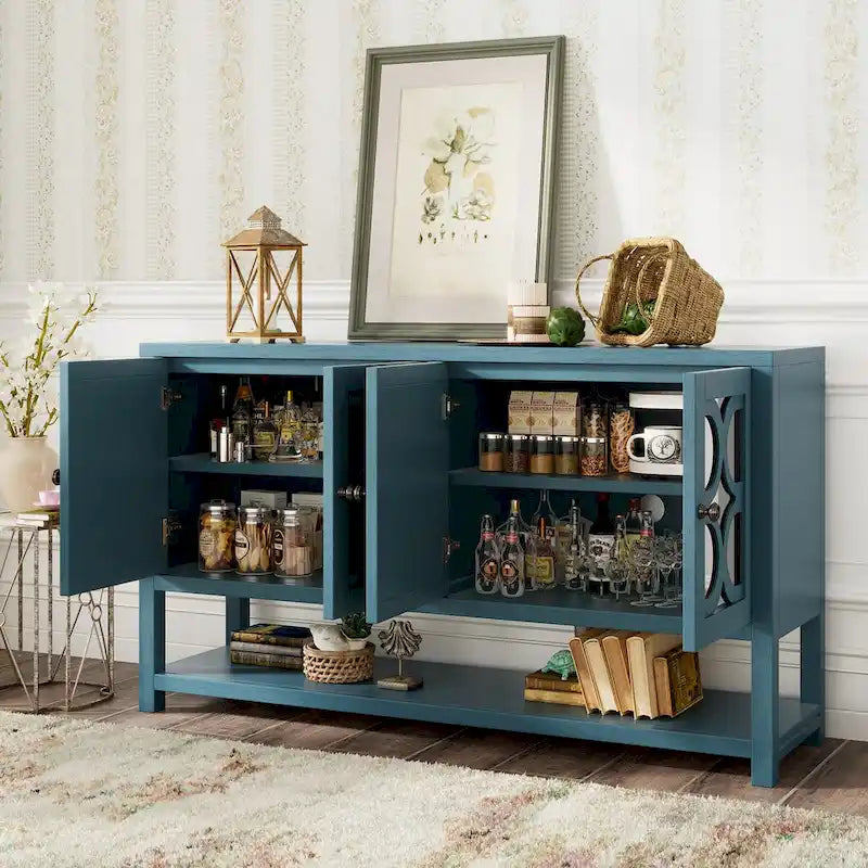 Buffet rétro 4 portes avec panneaux miroir et étagère ouverte, coloris Espresso / Blanc Antique / Bleu Marine Antique