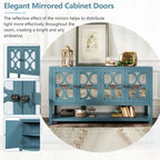 Buffet rétro 4 portes avec panneaux miroir et étagère ouverte, coloris Espresso / Blanc Antique / Bleu Marine Antique