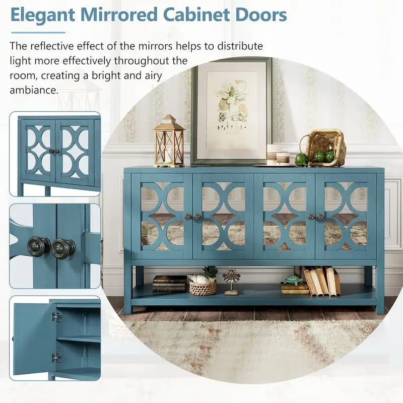 Buffet rétro 4 portes avec panneaux miroir et étagère ouverte, coloris Espresso / Blanc Antique / Bleu Marine Antique