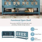 Buffet rétro 4 portes avec panneaux miroir et étagère ouverte, coloris Espresso / Blanc Antique / Bleu Marine Antique