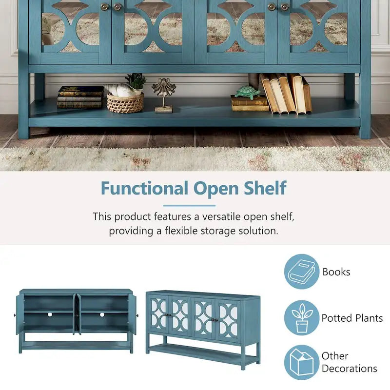 Buffet rétro 4 portes avec panneaux miroir et étagère ouverte, coloris Espresso / Blanc Antique / Bleu Marine Antique