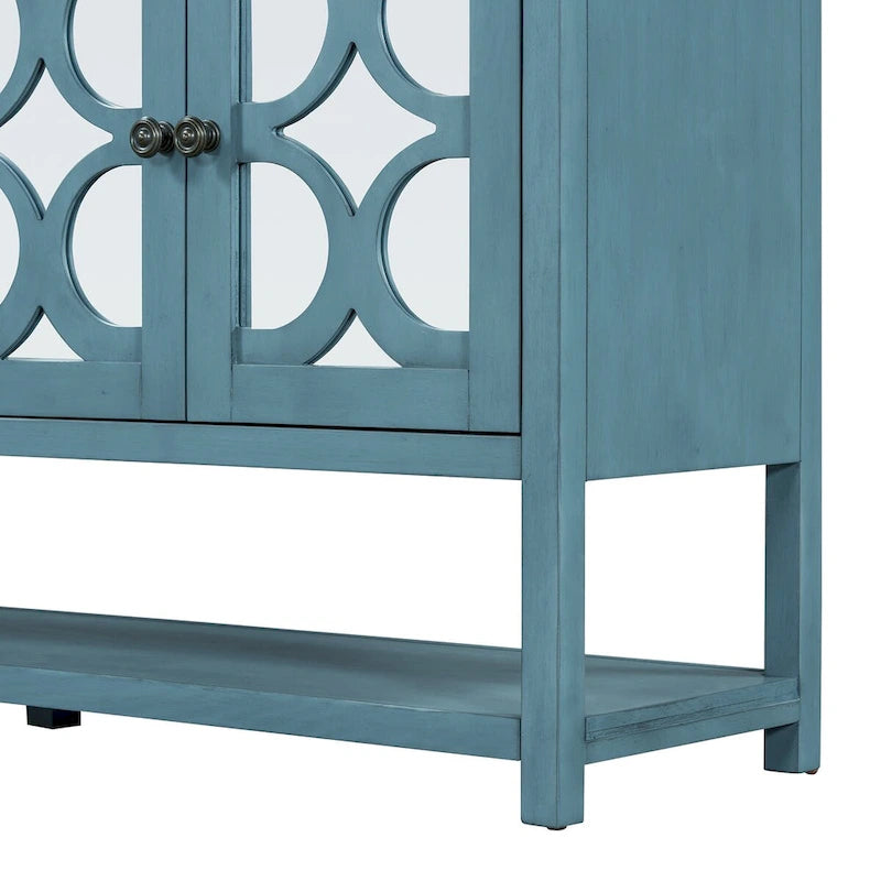 Buffet rétro 4 portes avec panneaux miroir et étagère ouverte, coloris Espresso / Blanc Antique / Bleu Marine Antique