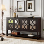 Buffet rétro 4 portes avec panneaux miroir et étagère ouverte, coloris Espresso / Blanc Antique / Bleu Marine Antique