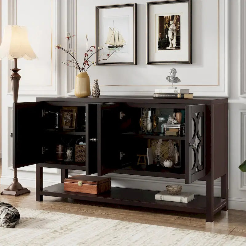Buffet rétro 4 portes avec panneaux miroir et étagère ouverte, coloris Espresso / Blanc Antique / Bleu Marine Antique