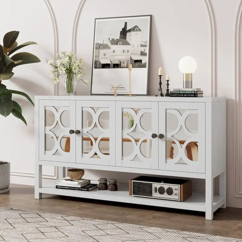 Buffet rétro 4 portes avec panneaux miroir et étagère ouverte, coloris Espresso / Blanc Antique / Bleu Marine Antique
