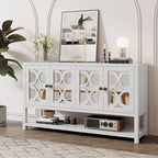 Buffet rétro 4 portes avec panneaux miroir et étagère ouverte, coloris Espresso / Blanc Antique / Bleu Marine Antique
