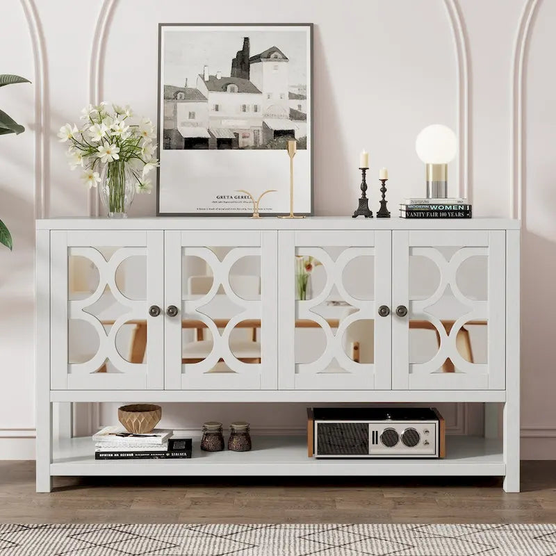 Buffet rétro 4 portes avec panneaux miroir et étagère ouverte, coloris Espresso / Blanc Antique / Bleu Marine Antique