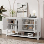 Buffet rétro 4 portes avec panneaux miroir et étagère ouverte, coloris Espresso / Blanc Antique / Bleu Marine Antique