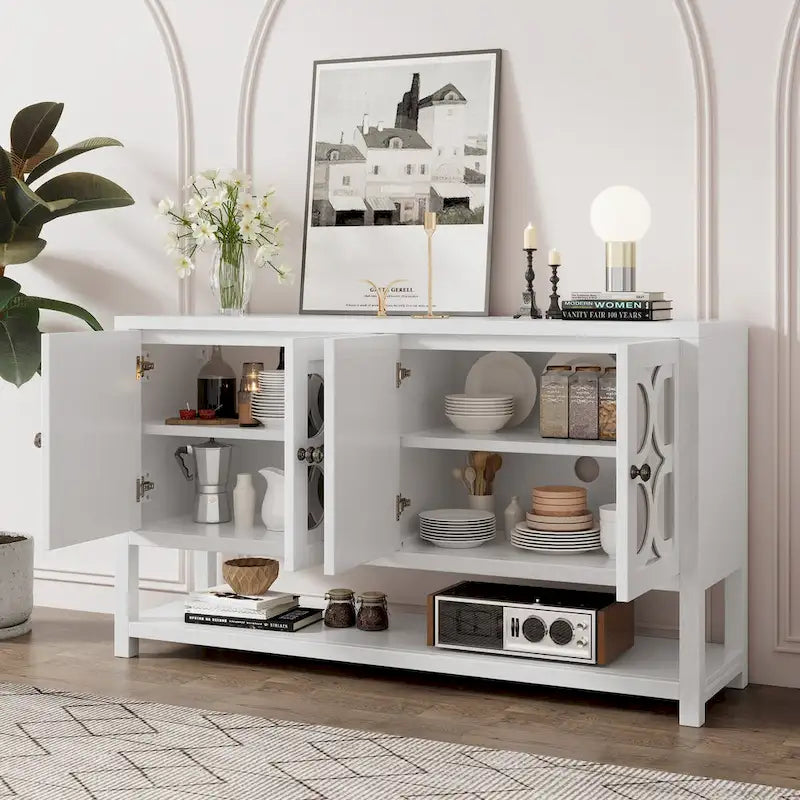 Buffet rétro 4 portes avec panneaux miroir et étagère ouverte, coloris Espresso / Blanc Antique / Bleu Marine Antique