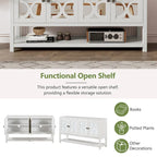 Buffet rétro 4 portes avec panneaux miroir et étagère ouverte, coloris Espresso / Blanc Antique / Bleu Marine Antique