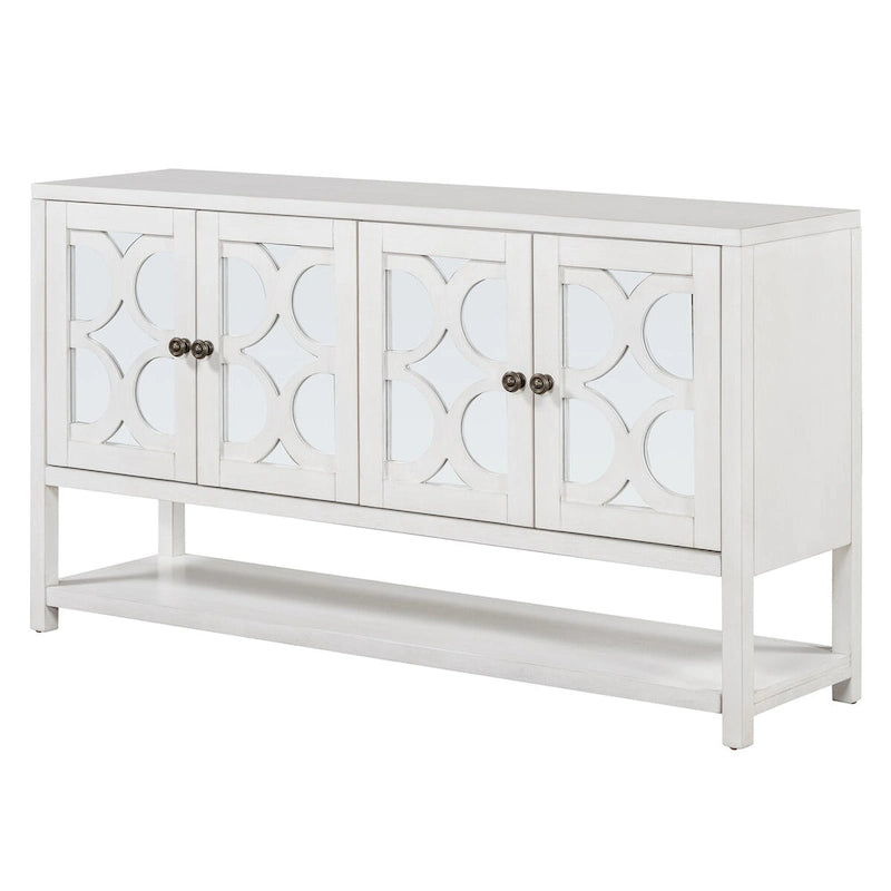 Buffet rétro 4 portes avec panneaux miroir et étagère ouverte, coloris Espresso / Blanc Antique / Bleu Marine Antique