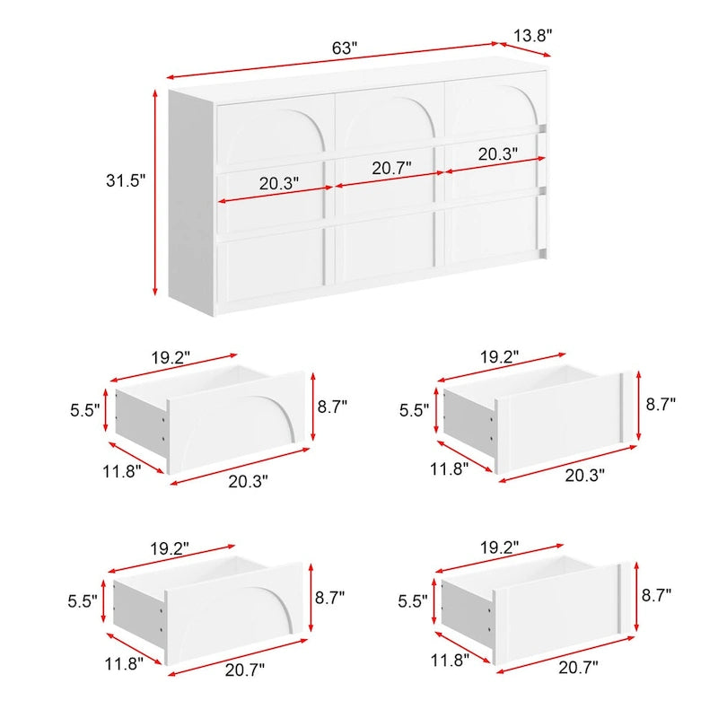 Buffet contemporain blanc 6 tiroirs, L 160 cm