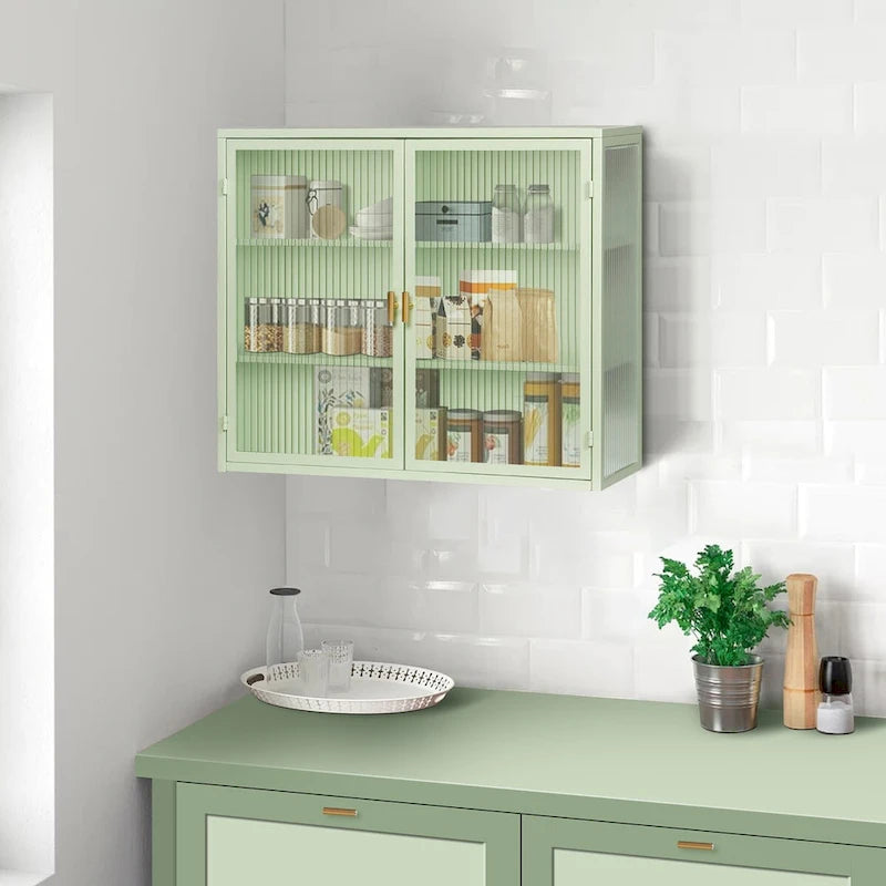 Meuble haut de porte en verre poli vert menthe, 2 portes 3 niveaux
