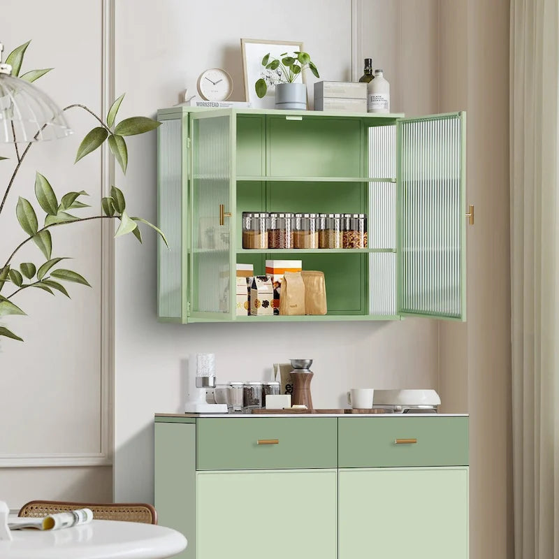 Meuble haut de porte en verre poli vert menthe, 2 portes 3 niveaux