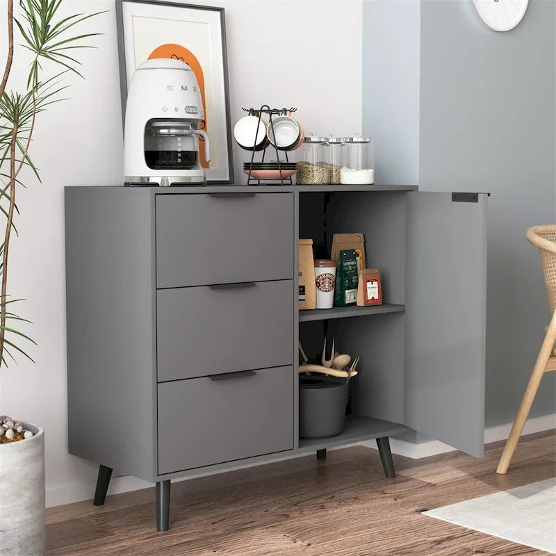 Buffet en bois naturel/gris pour 1 personne avec 3 tiroirs, étagère réglable et porte