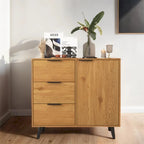 Buffet en bois naturel/gris pour 1 personne avec 3 tiroirs, étagère réglable et porte