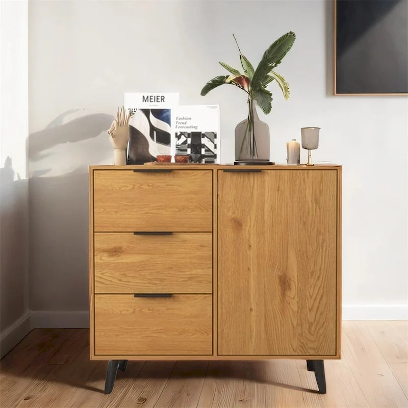 Buffet en bois naturel/gris pour 1 personne avec 3 tiroirs, étagère réglable et porte