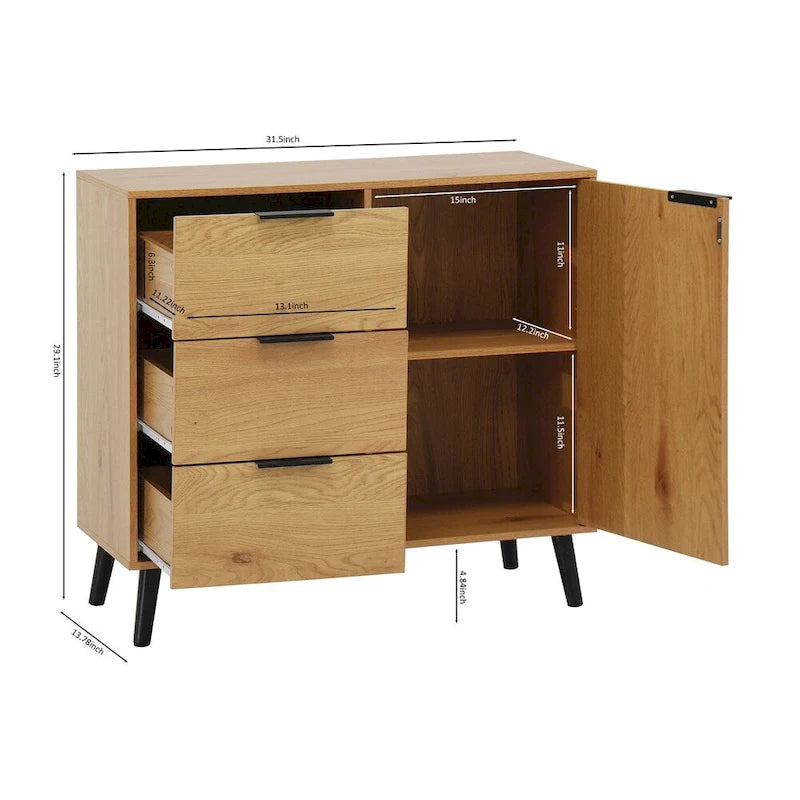 Buffet en bois naturel/gris pour 1 personne avec 3 tiroirs, étagère réglable et porte