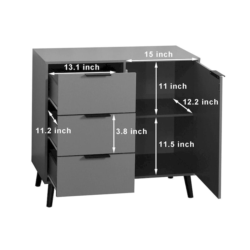 Buffet en bois naturel/gris pour 1 personne avec 3 tiroirs, étagère réglable et porte