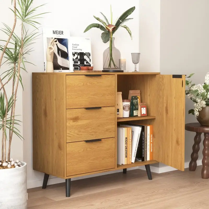 Buffet en bois naturel/gris pour 1 personne avec 3 tiroirs, étagère réglable et porte