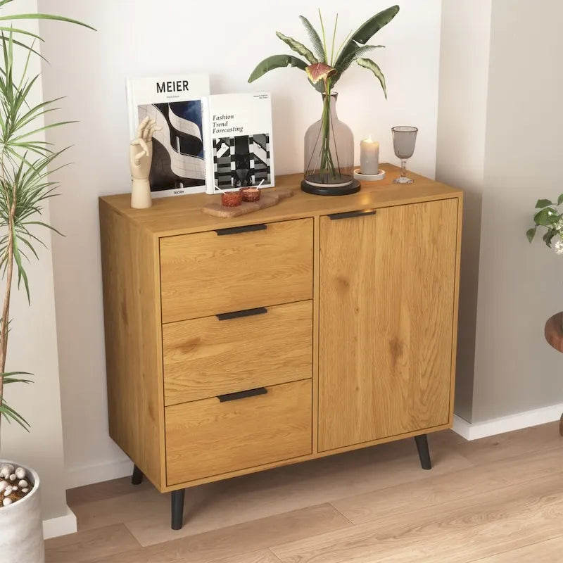 Buffet en bois naturel/gris pour 1 personne avec 3 tiroirs, étagère réglable et porte