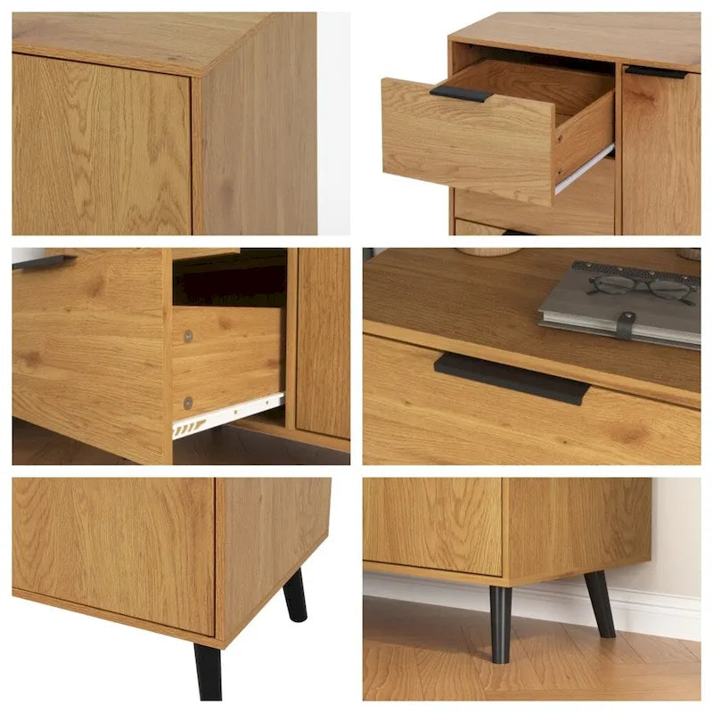 Buffet en bois naturel/gris pour 1 personne avec 3 tiroirs, étagère réglable et porte