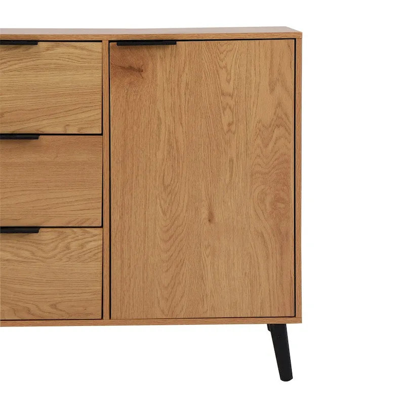 Buffet en bois naturel/gris pour 1 personne avec 3 tiroirs, étagère réglable et porte