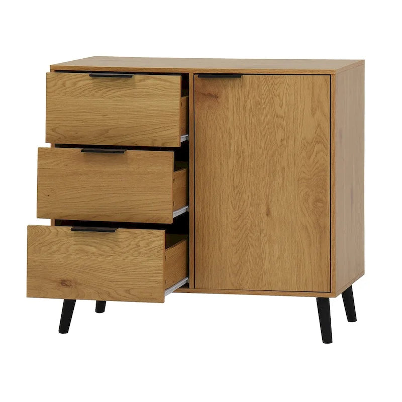Buffet en bois naturel/gris pour 1 personne avec 3 tiroirs, étagère réglable et porte
