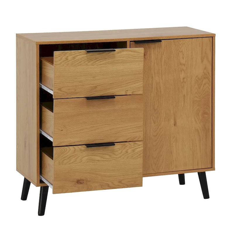 Buffet en bois naturel/gris pour 1 personne avec 3 tiroirs, étagère réglable et porte