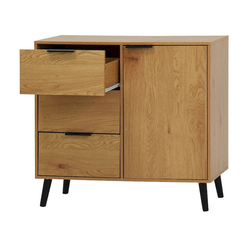 Buffet en bois naturel/gris pour 1 personne avec 3 tiroirs, étagère réglable et porte