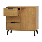Buffet en bois naturel/gris pour 1 personne avec 3 tiroirs, étagère réglable et porte