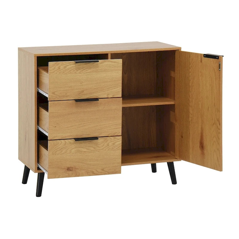 Buffet en bois naturel/gris pour 1 personne avec 3 tiroirs, étagère réglable et porte