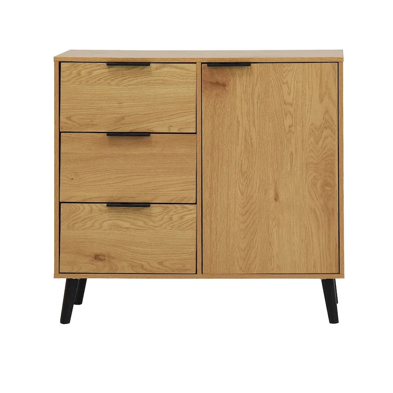 Buffet en bois naturel/gris pour 1 personne avec 3 tiroirs, étagère réglable et porte