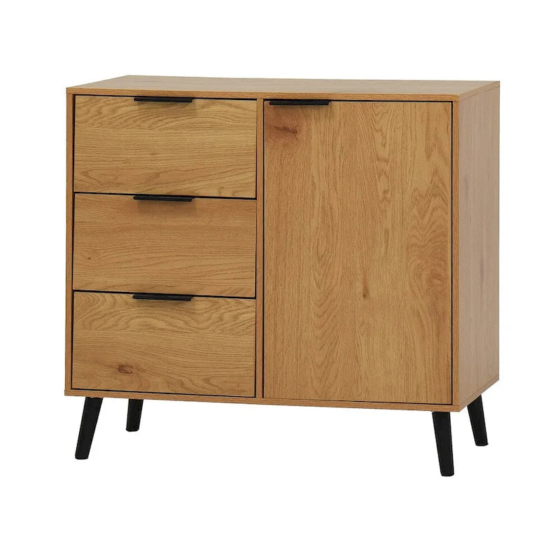 Buffet en bois naturel/gris pour 1 personne avec 3 tiroirs, étagère réglable et porte