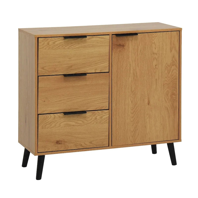 Buffet en bois naturel/gris pour 1 personne avec 3 tiroirs, étagère réglable et porte