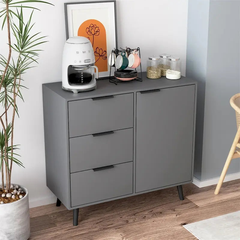 Buffet en bois naturel/gris pour 1 personne avec 3 tiroirs, étagère réglable et porte