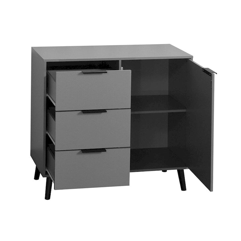 Buffet en bois naturel/gris pour 1 personne avec 3 tiroirs, étagère réglable et porte