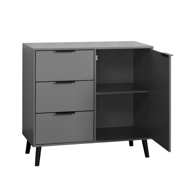 Buffet en bois naturel/gris pour 1 personne avec 3 tiroirs, étagère réglable et porte