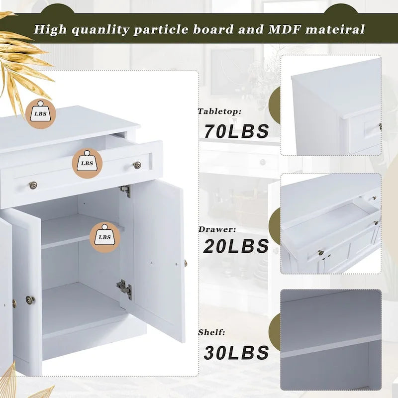 Buffet blanc moderne avec étagères réglables, plateau en MDF, 1 personne