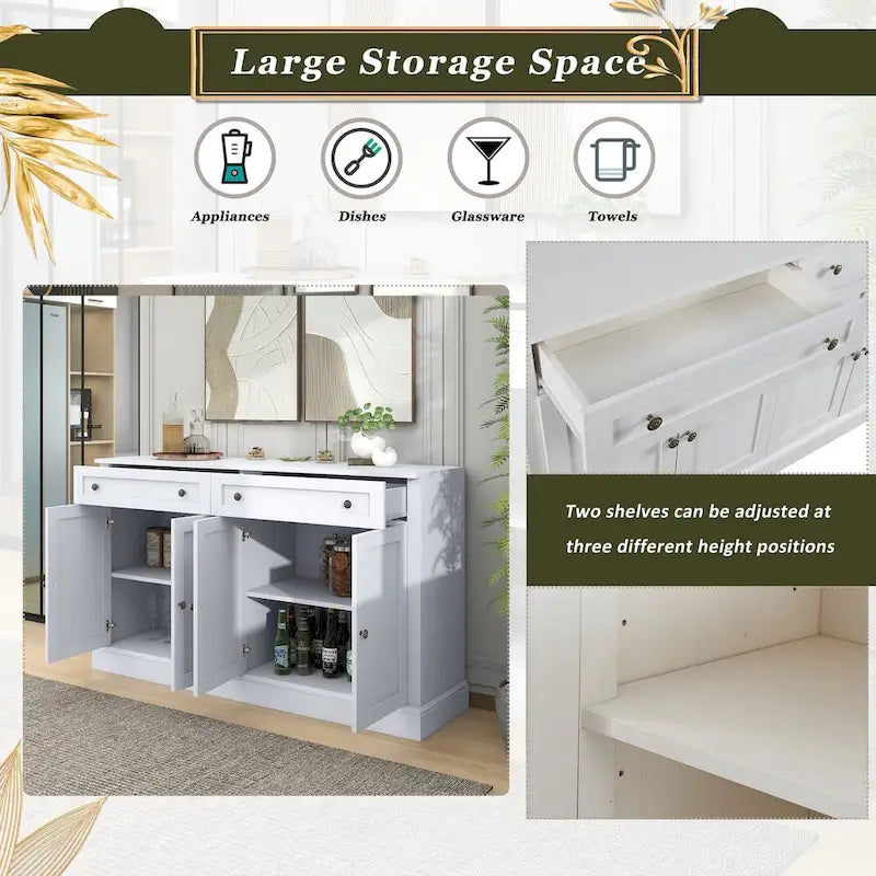 Buffet blanc moderne avec étagères réglables, plateau en MDF, 1 personne